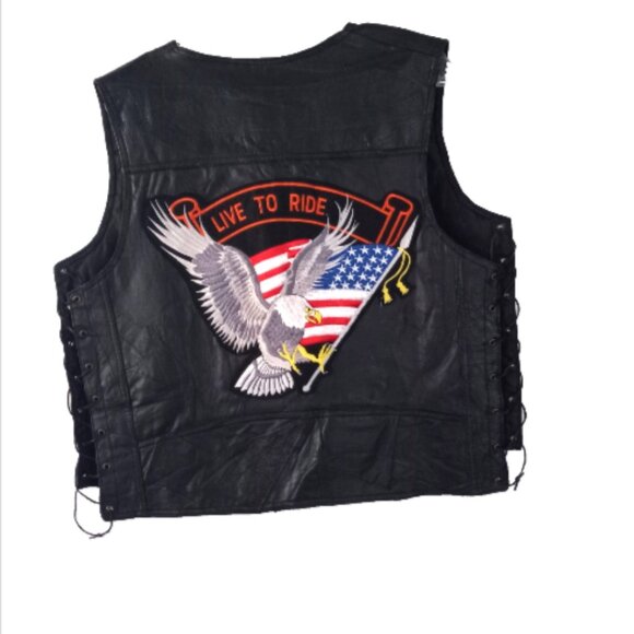 M Collection Leather Biker Vest Large Live to Ride Eagle Embroidered Black - Picture 7 of 10